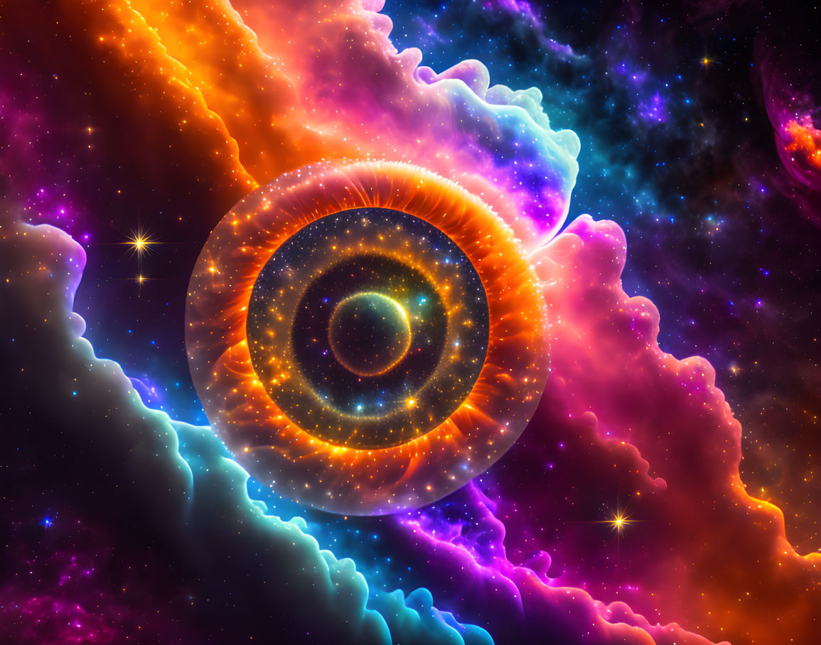 Colorful cosmic image with galaxy-like eye and nebula clouds