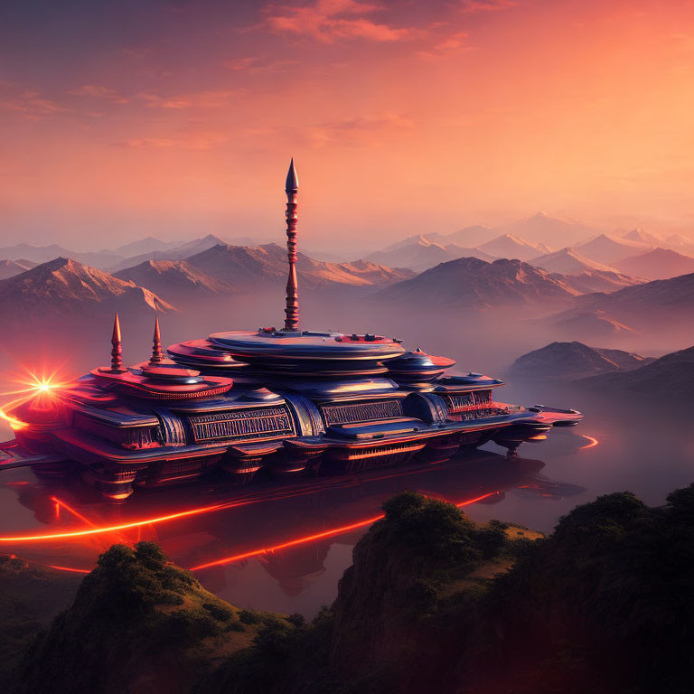 Futuristic building with spires on mountain range at sunset