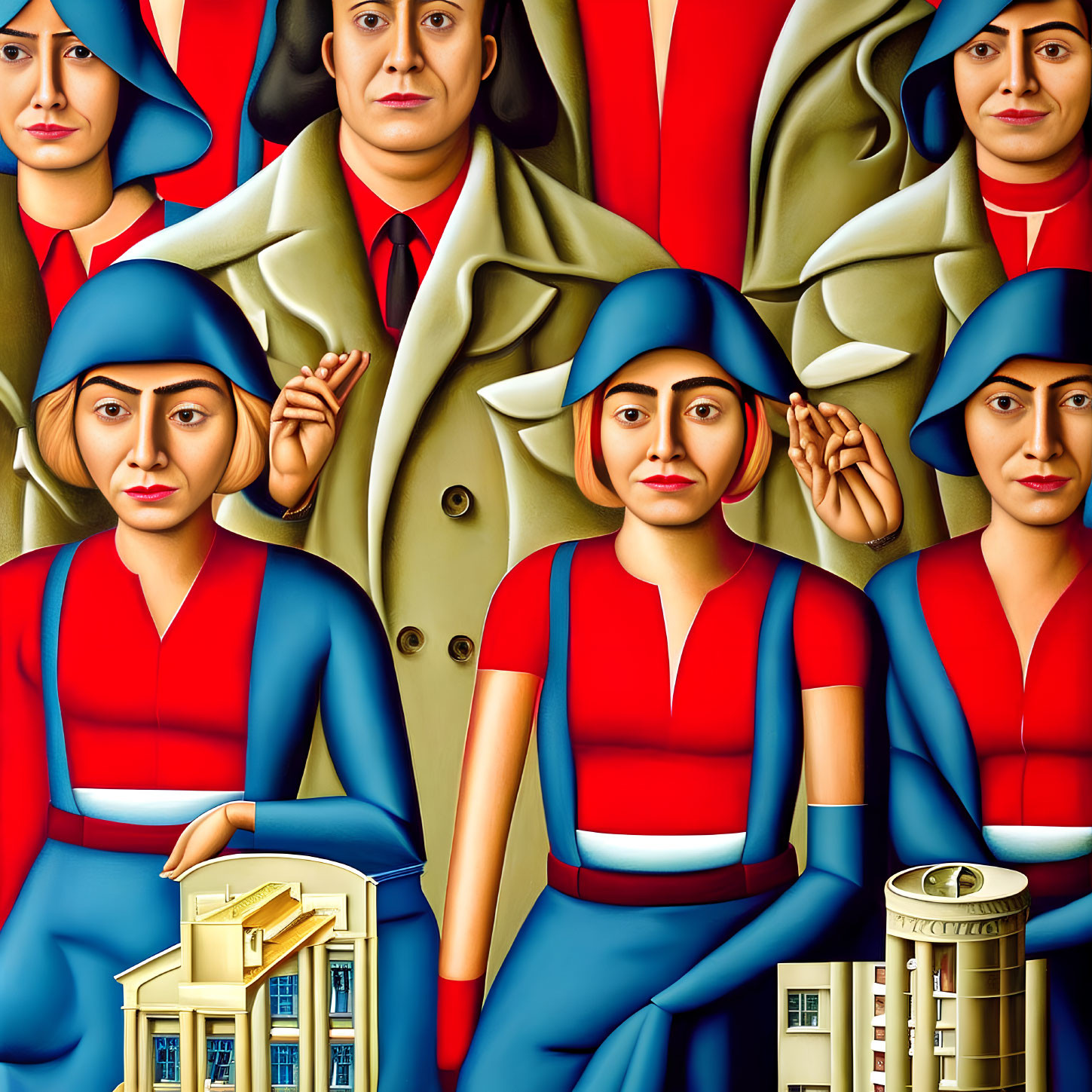 Stylized illustration of female figures in red and blue uniforms saluting with building and blueprints,