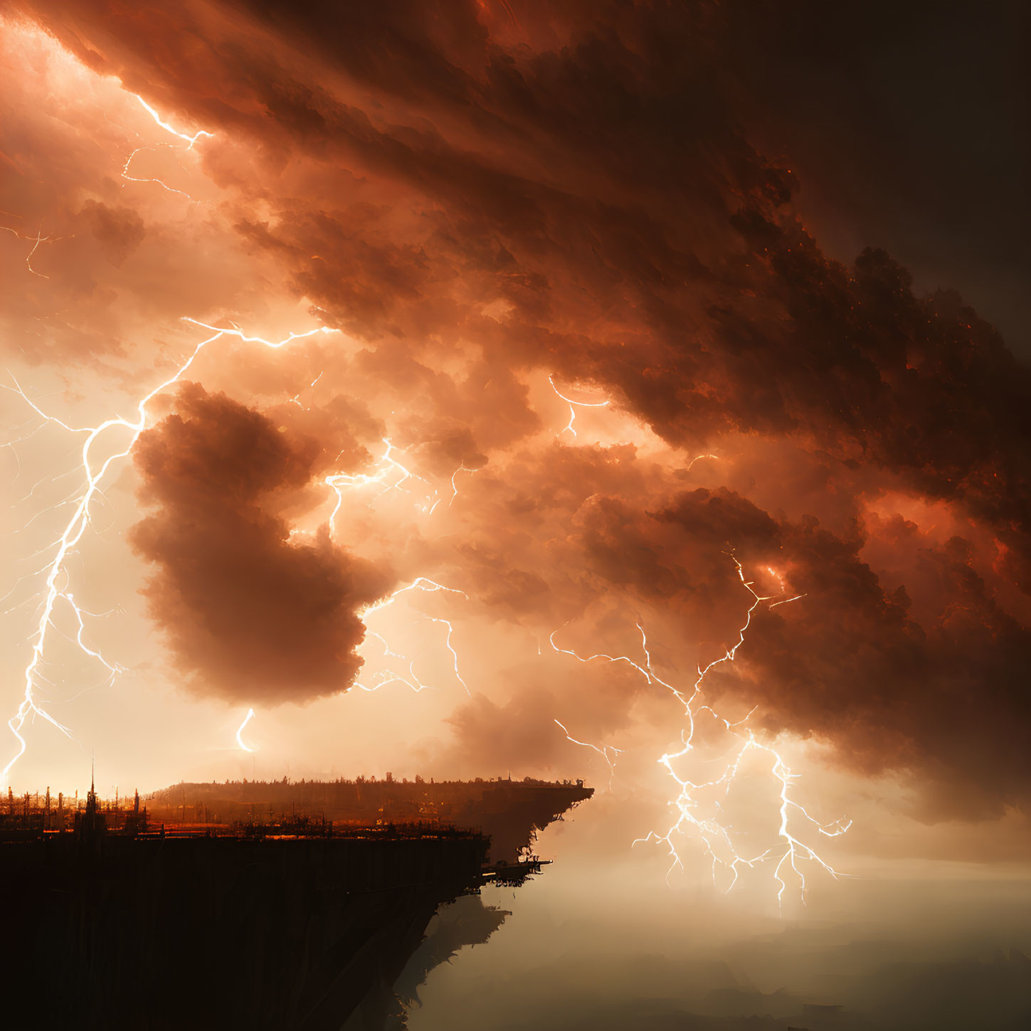 Dark storm clouds with lightning above forested cliff edge