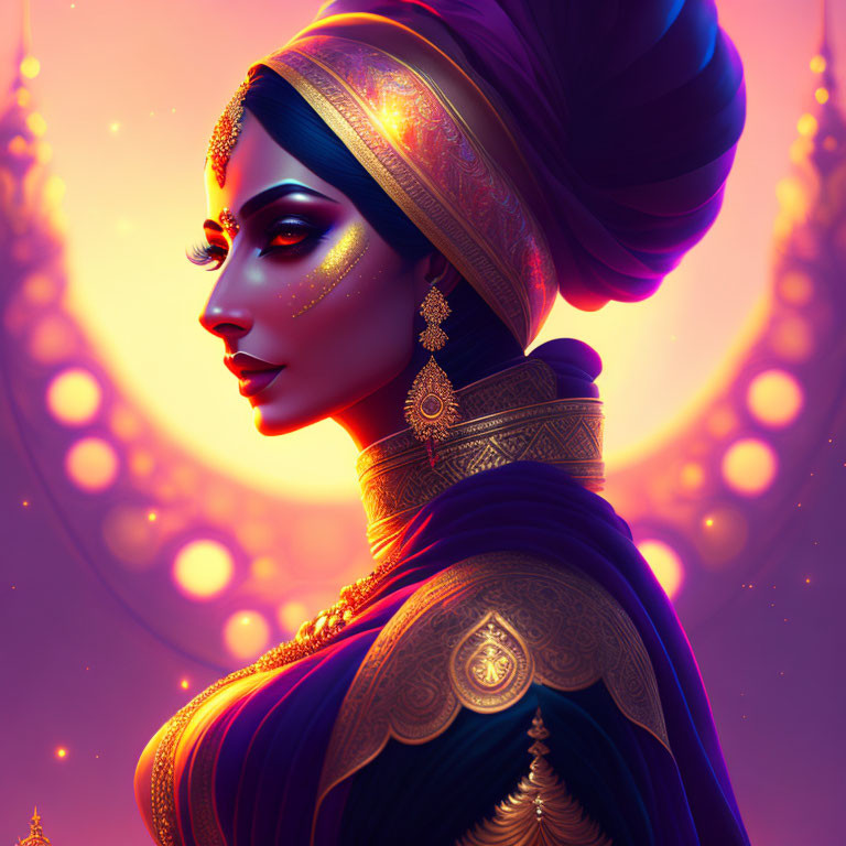 Illustration of woman in Indian attire with gold headpiece and colorful background