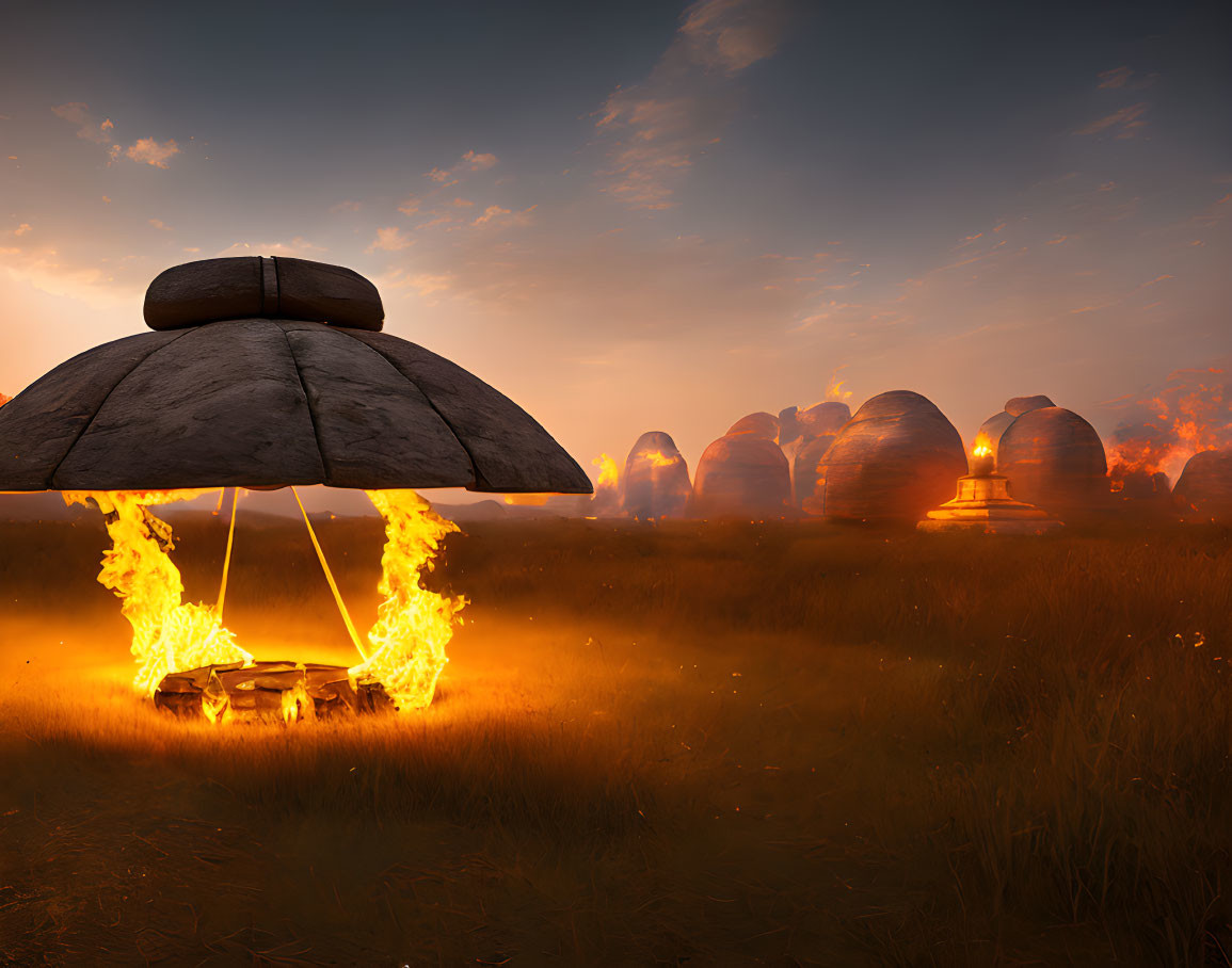 Large stone umbrella over ring of fire in grassy field, futuristic domes under sunset sky.