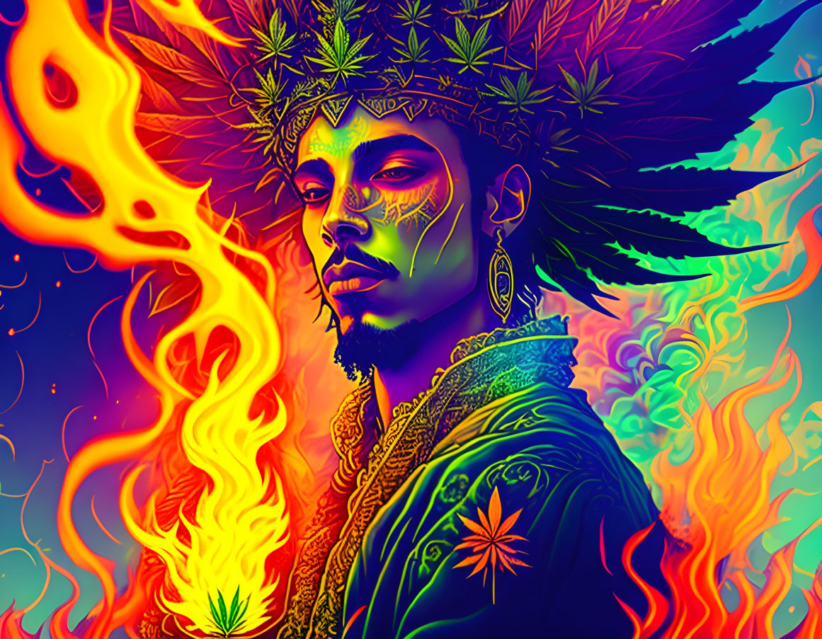 Psychedelic digital artwork: Person with cannabis leaves and flames