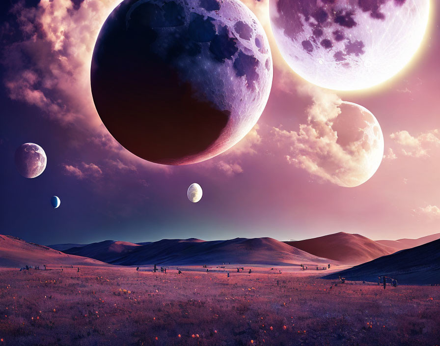Surreal landscape with rolling hills and multiple moons at twilight