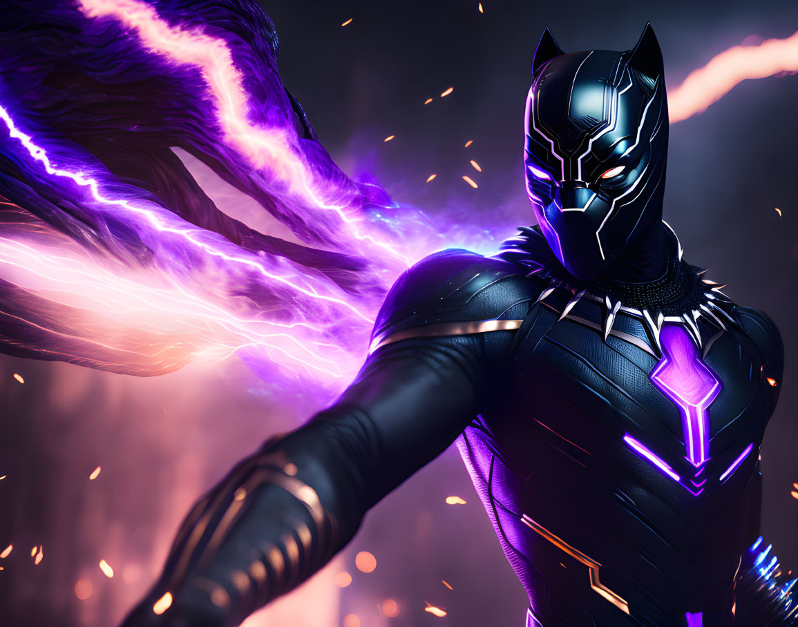 Superhero in Black Suit with Purple Accents and Energy Currents