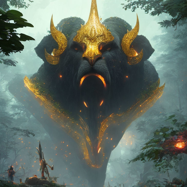 Enormous mystical gorilla with golden markings in jungle scene
