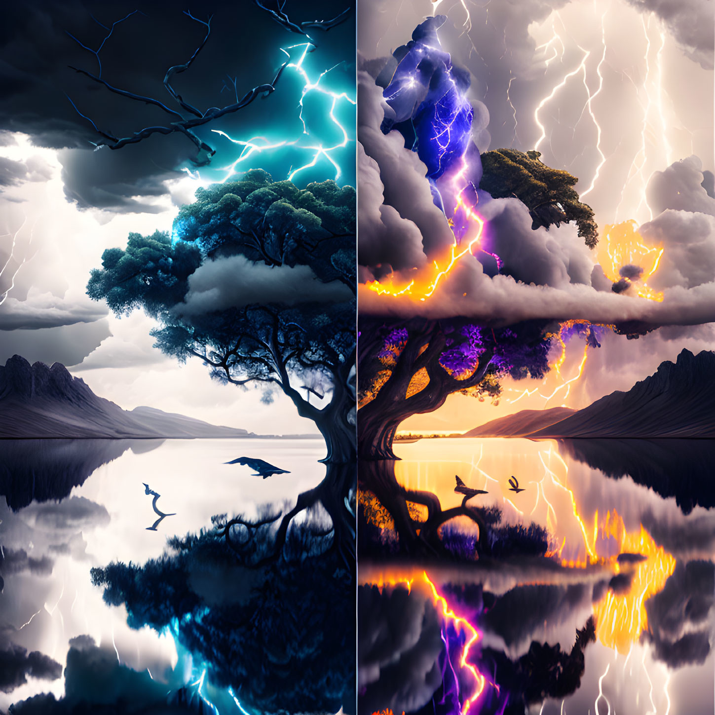 Split-image of tree in four atmospheric conditions: stormy night, fiery sunset, tranquil dawn.