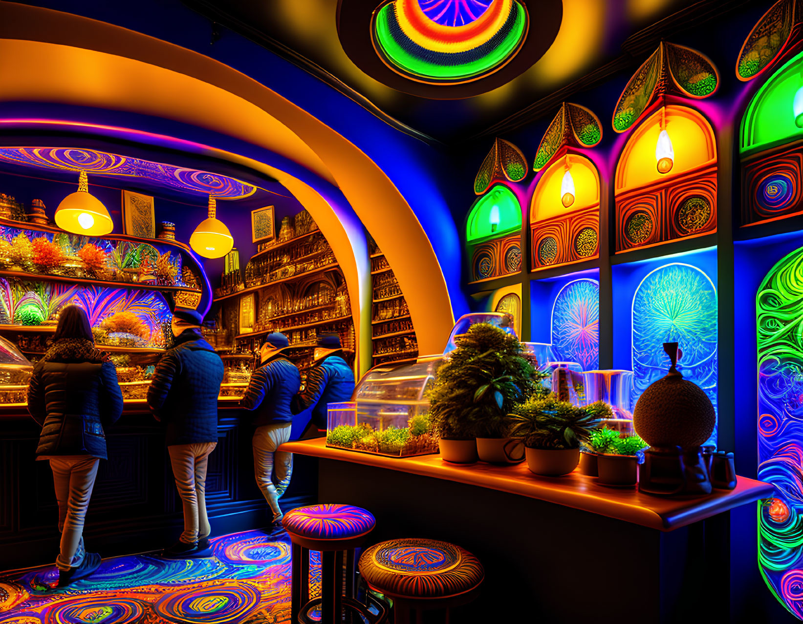 Colorful Psychedelic Shop Interior with Neon Lights and Customers