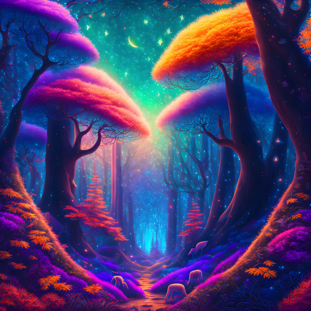 Fantasy forest with neon colors, giant mushrooms, mystical trees, and glowing pathway.