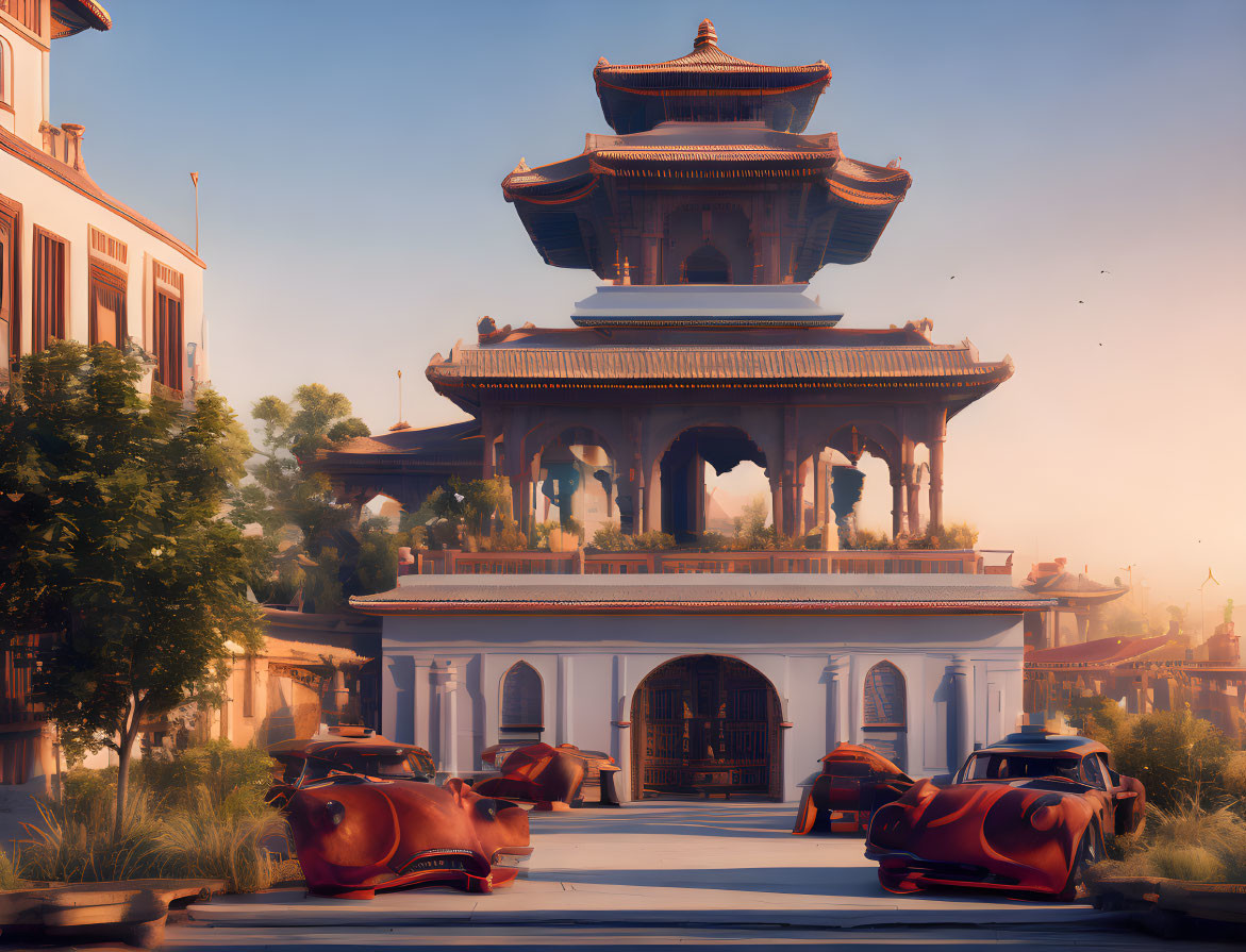 Traditional Asian Pagoda Amid Modern Buildings and Futuristic Vehicles at Sunrise