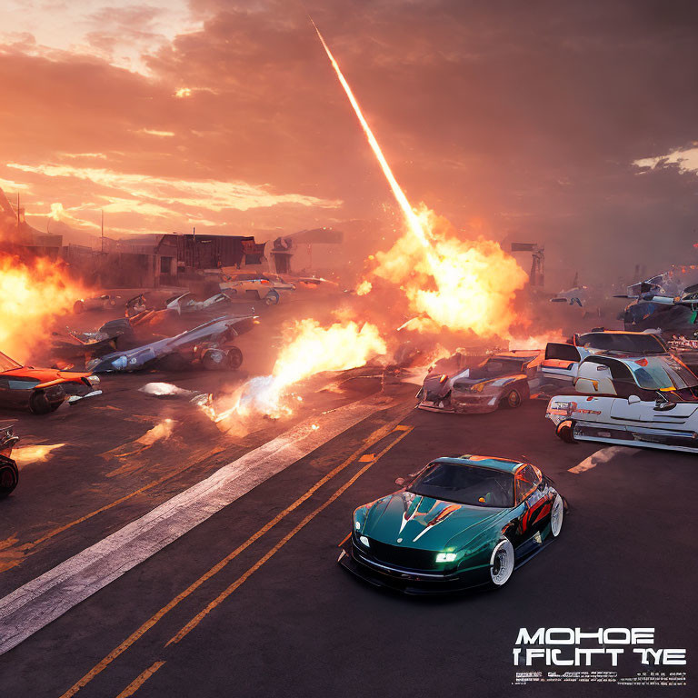 Chaotic runway race with exploding vehicles and laser beam at sunset