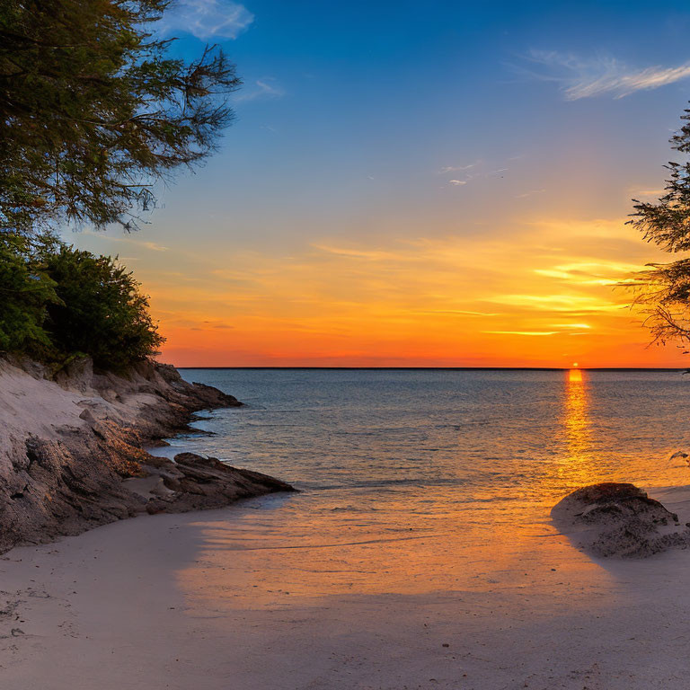 Tranquil sunset beach scene with orange sky, sun setting, gentle waves, sandy shore, rocks