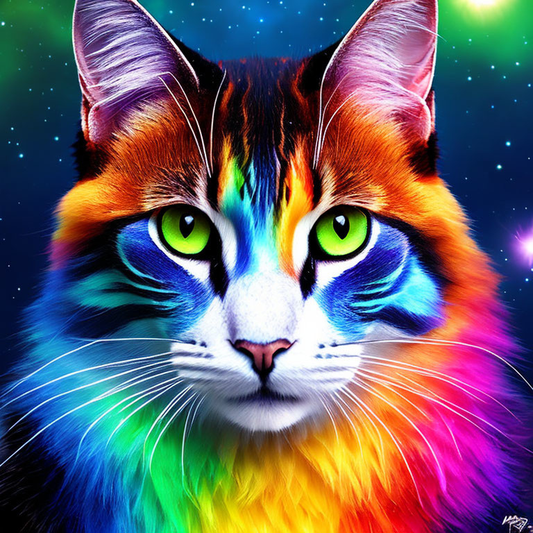 Colorful Cat Artwork with Green Eyes on Cosmic Background