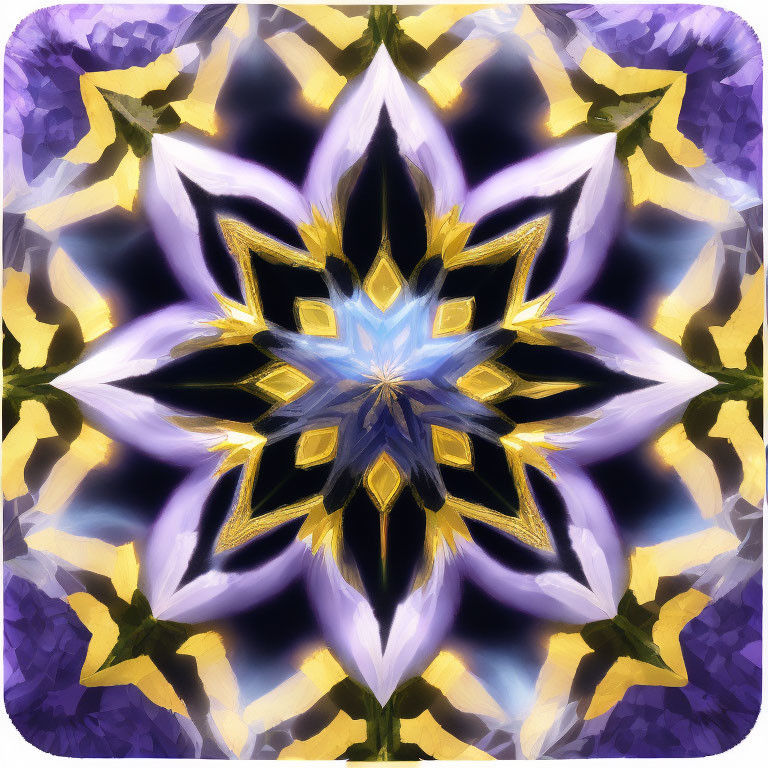 Symmetrical Kaleidoscopic Pattern with Star-Like Design in Purple, Yellow, and Blue
