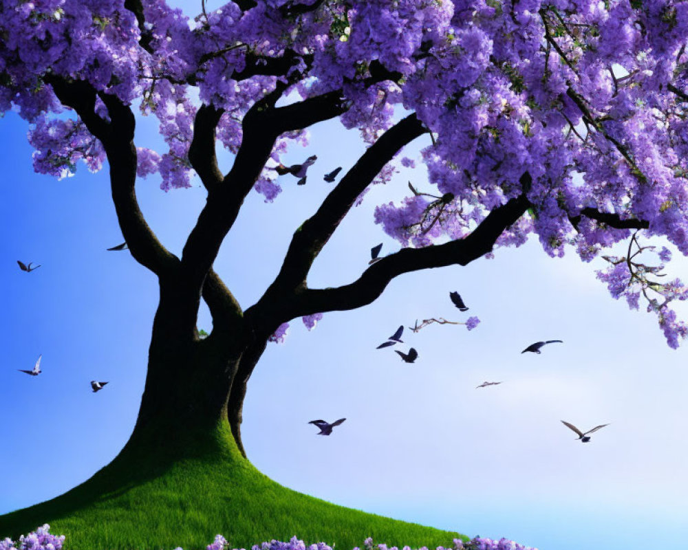 Blooming cherry blossom tree on lush hill with birds in blue sky