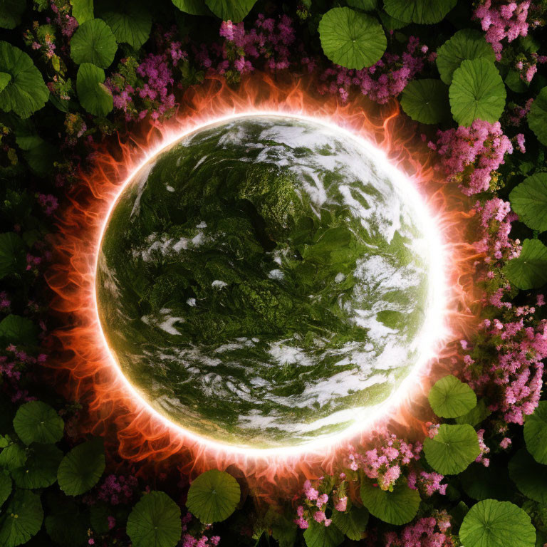 Colorful illustration of miniature green earth surrounded by fiery orange glow in nature setting