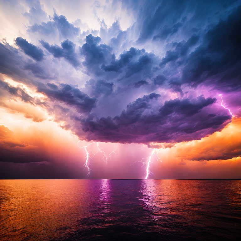 Vibrant thunderstorm with purple clouds and lightning bolts over orange horizon