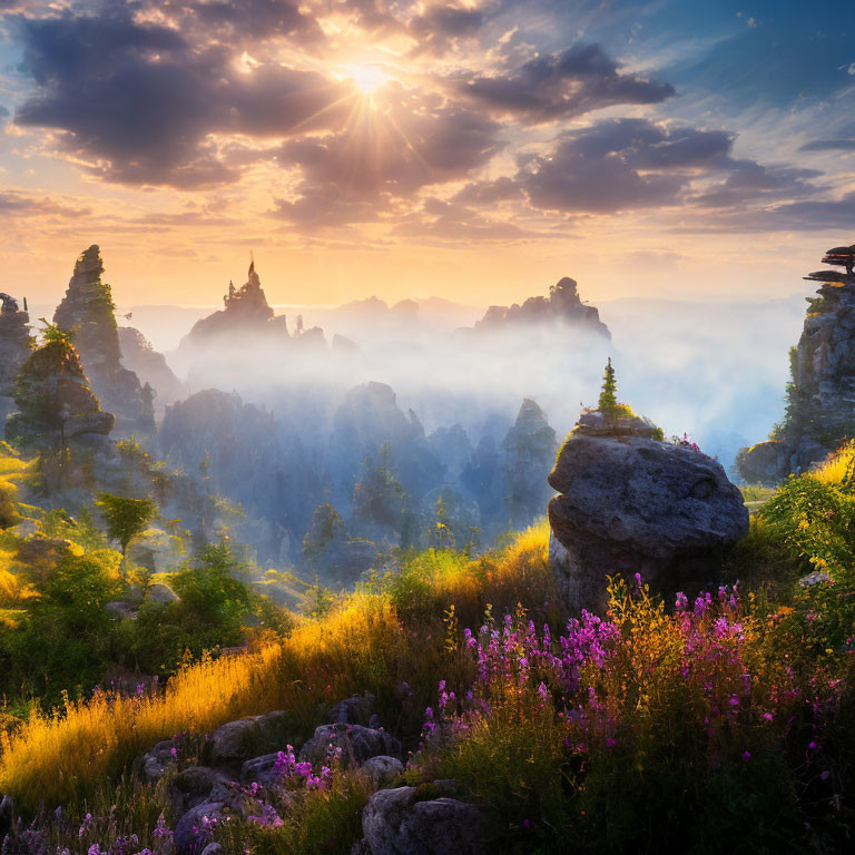 Mystical landscape with rocky peaks, castle, and foggy sunset.
