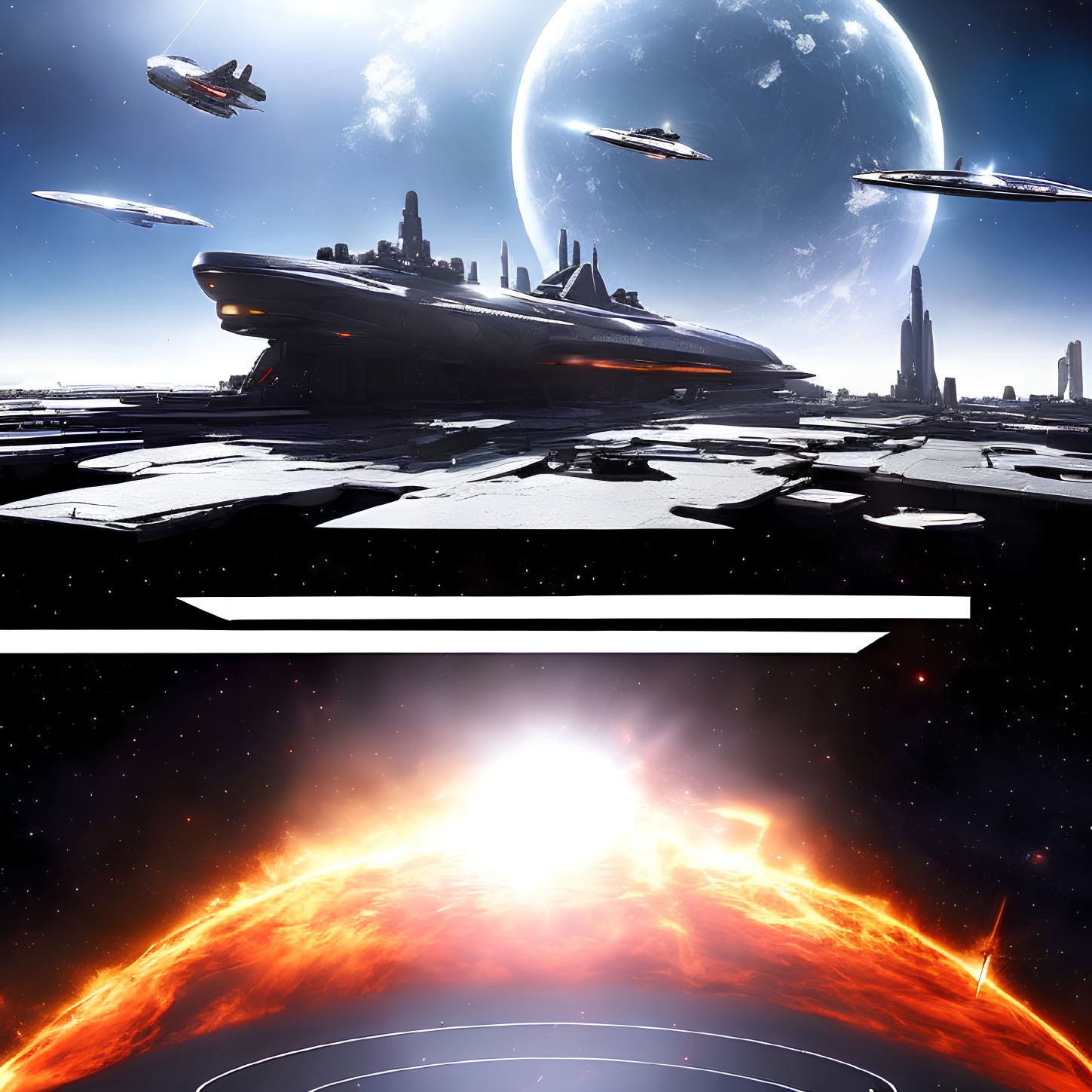 Futuristic space scene with hovering starships and cityscape backdrop