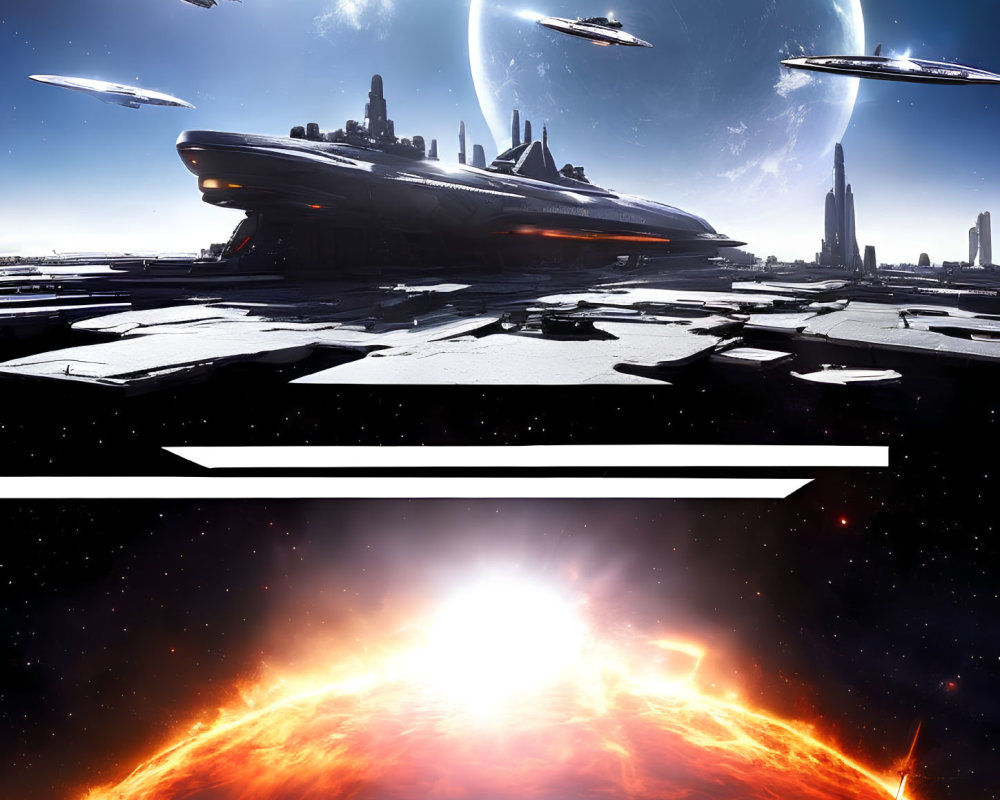Futuristic space scene with hovering starships and cityscape backdrop