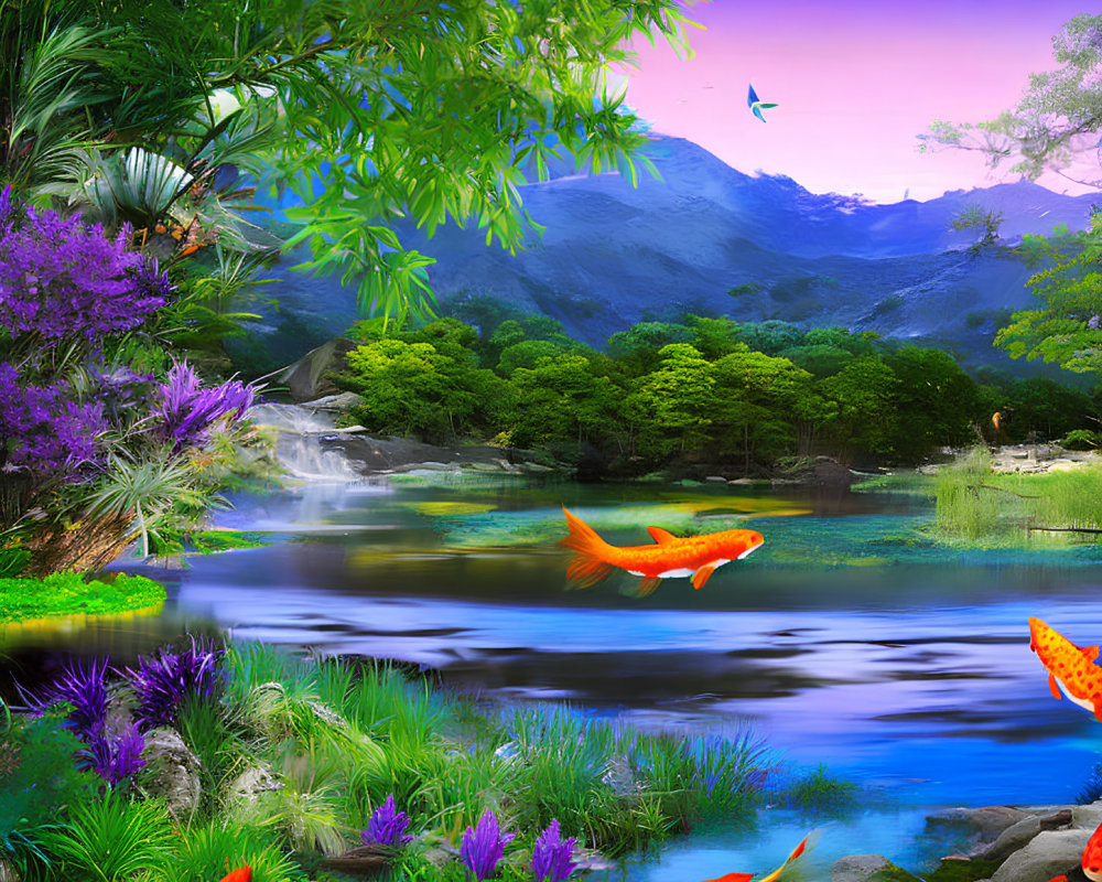 Surreal landscape with oversized koi fish, river, waterfall, lush foliage, and purple mountain