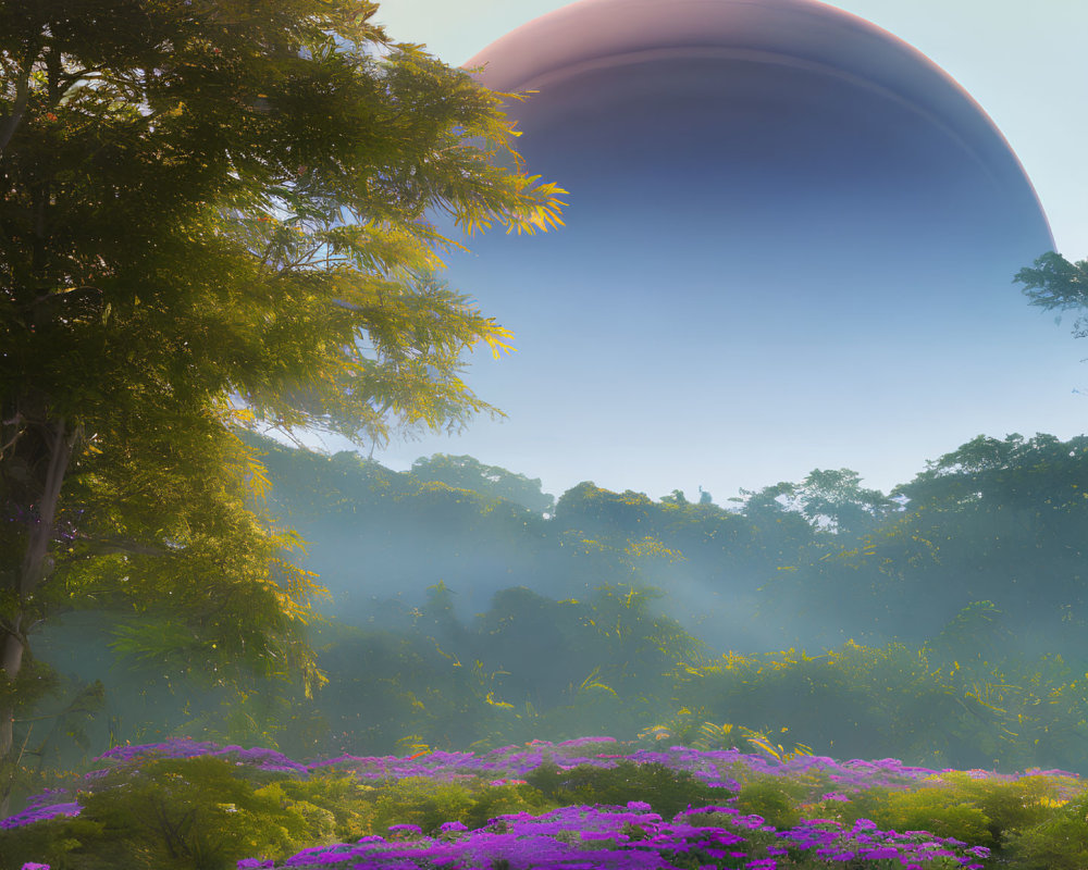 Surreal landscape with purple flowers, misty forest, and oversized planet