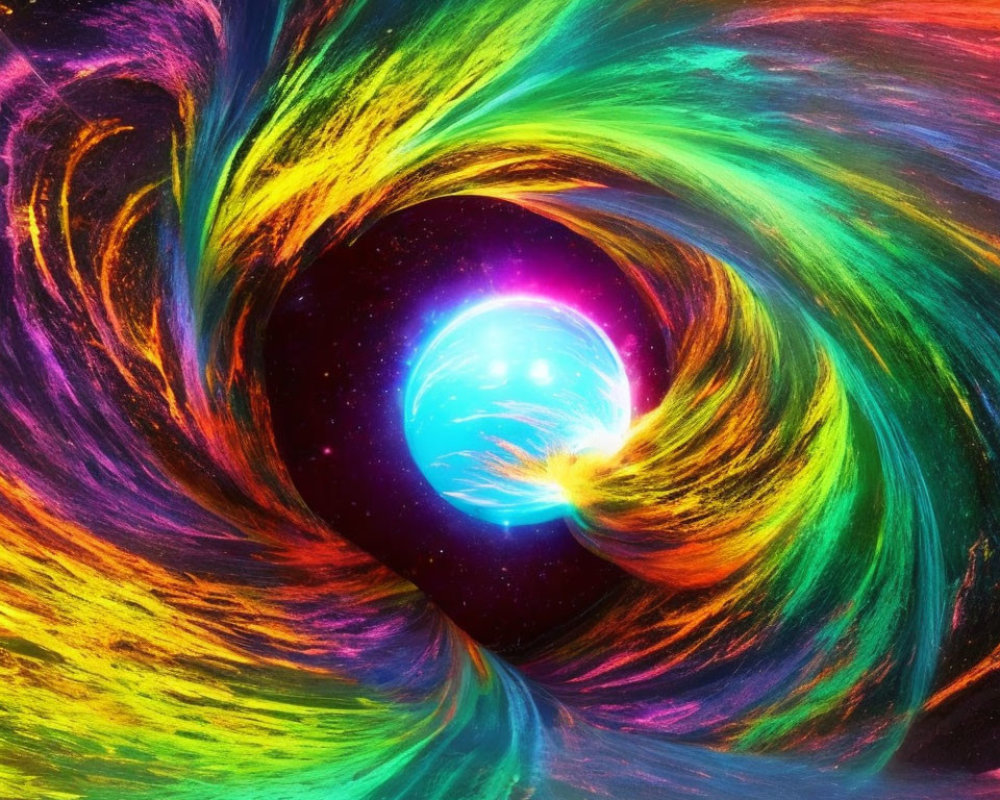 Colorful neon swirl around celestial body in starry space
