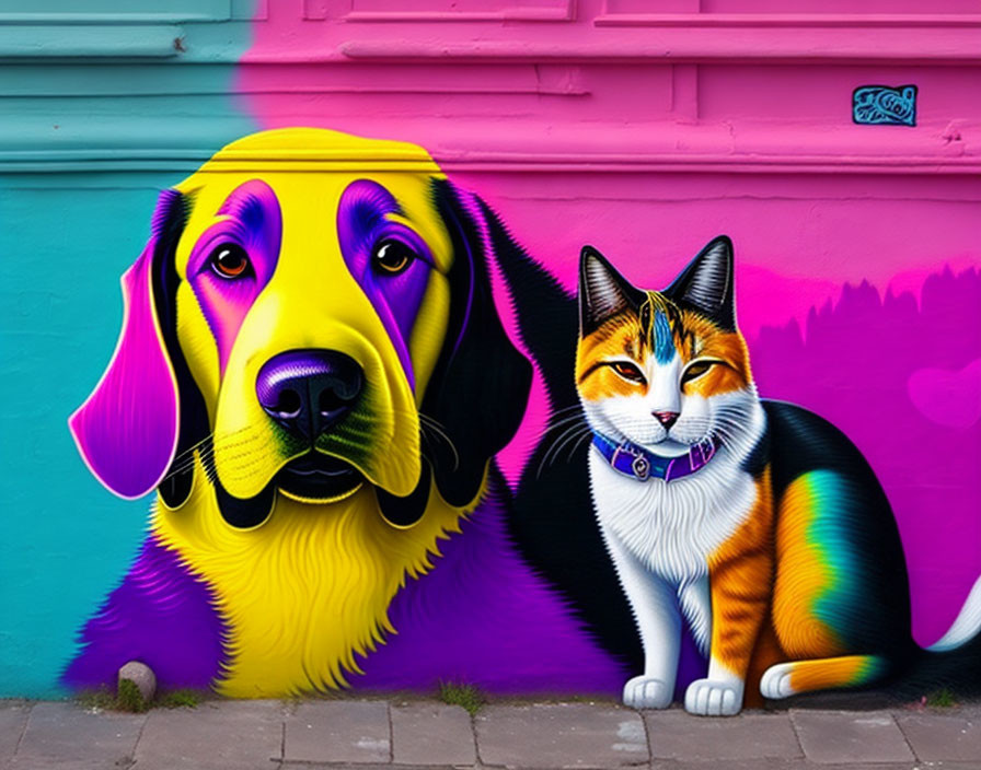 Colorful oversized dog and cat street art on pink and blue background