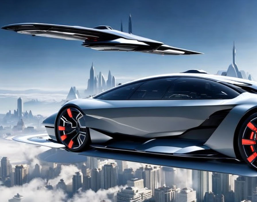 Silver Car with Red Wheels on Cloud Platform in Futuristic Cityscape