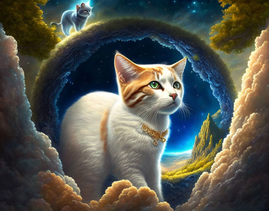 Whimsical artwork of white and orange cat in cosmic scene