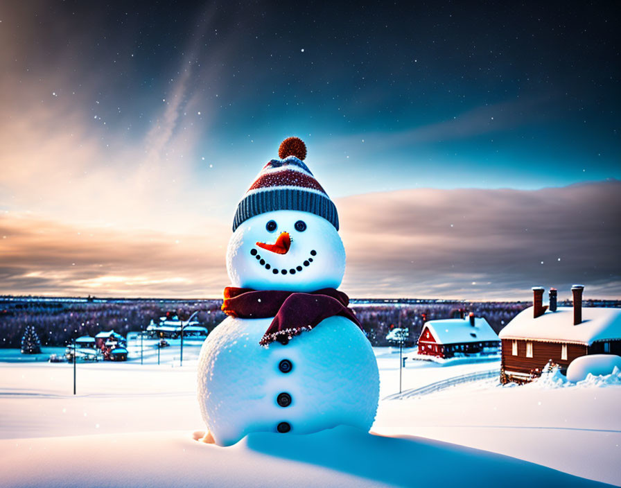 Cheerful snowman with hat and scarf in twilight snowy landscape