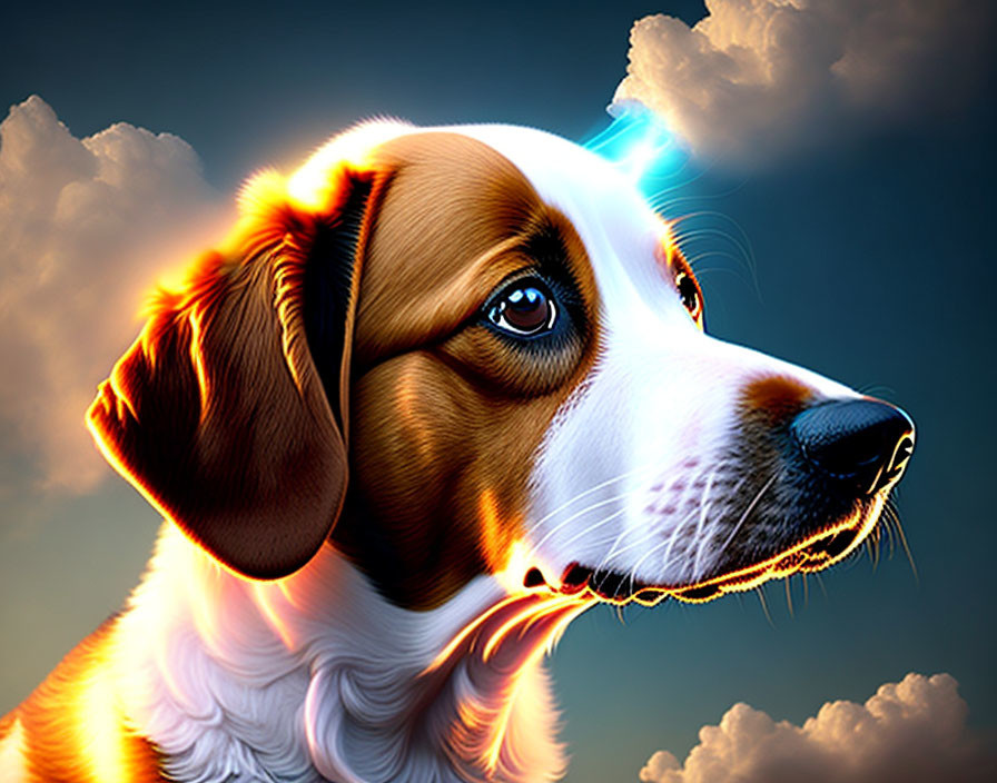 Digital artwork: Glowing beagle against vibrant sky