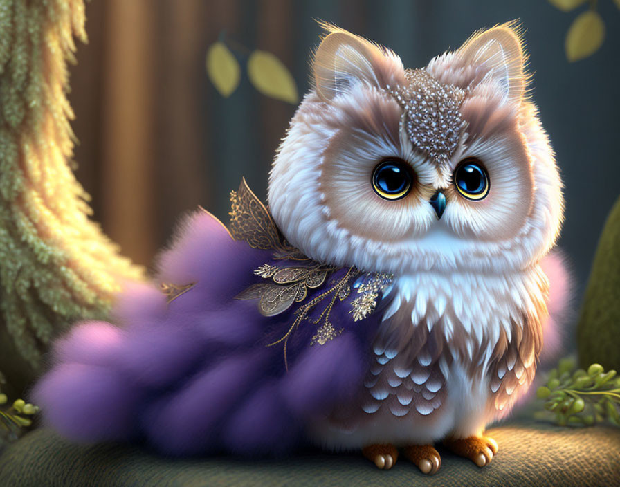 Fluffy owl with expressive blue eyes and ornate feathers
