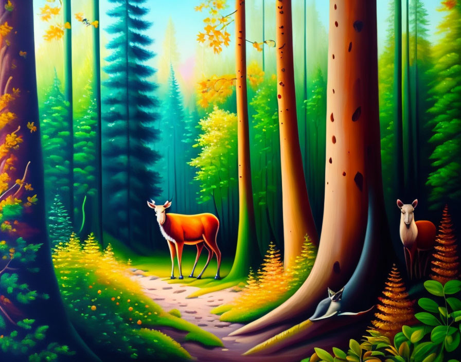 Lush forest painting with animals and sunbeams