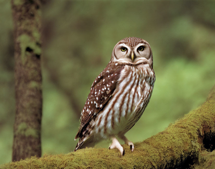 Spotted owl on mossy branch in lush forest