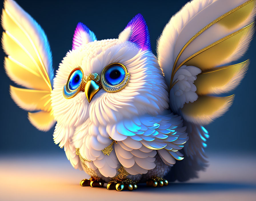 Whimsical owl with large blue eyes and gold accents