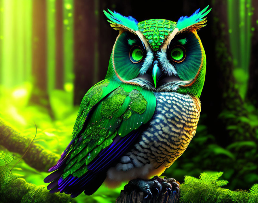 Colorful Owl with Green and Blue Feathers in Mystical Forest Environment