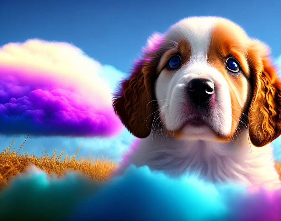 Adorable puppy with blue eyes in vibrant sky portrait