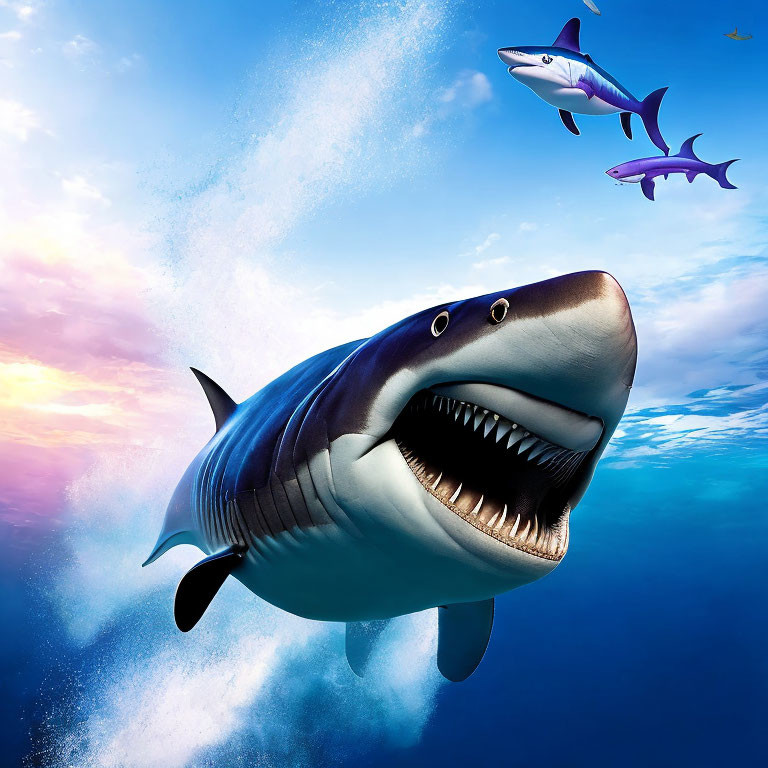 Stylized large shark leaping from ocean with vibrant sky