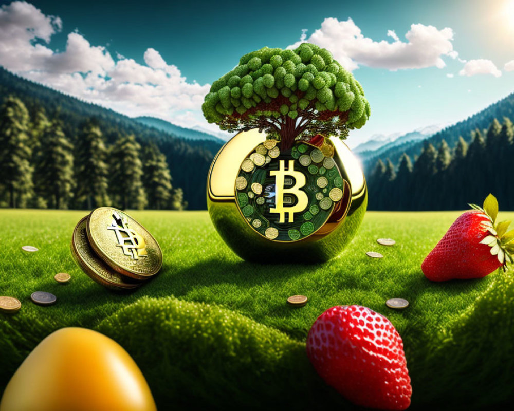 Surreal landscape with Bitcoin-themed tree and golden coin in grassy field
