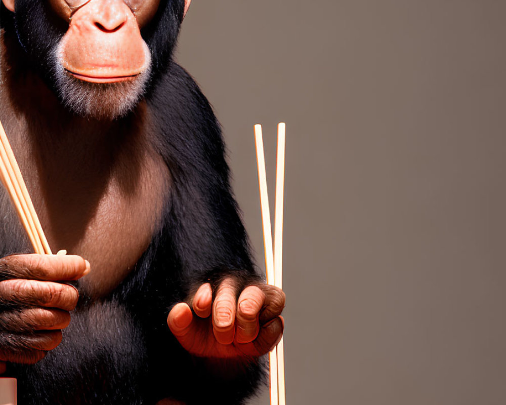 Contemplative chimpanzee with chopsticks above bowl on red surface