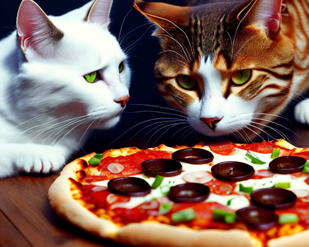 Two cats with green eyes staring at pepperoni pizza with olives on wood.