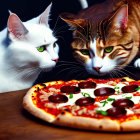 Two cats with green eyes staring at pepperoni pizza with olives on wood.