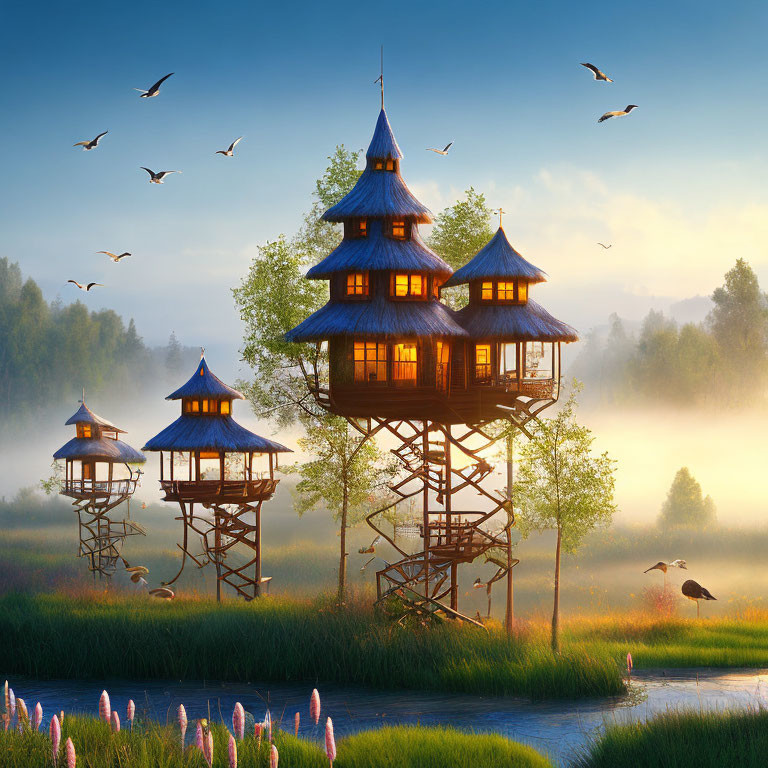 Traditional Asian-Style Wooden Towers in Serene Sunrise Landscape