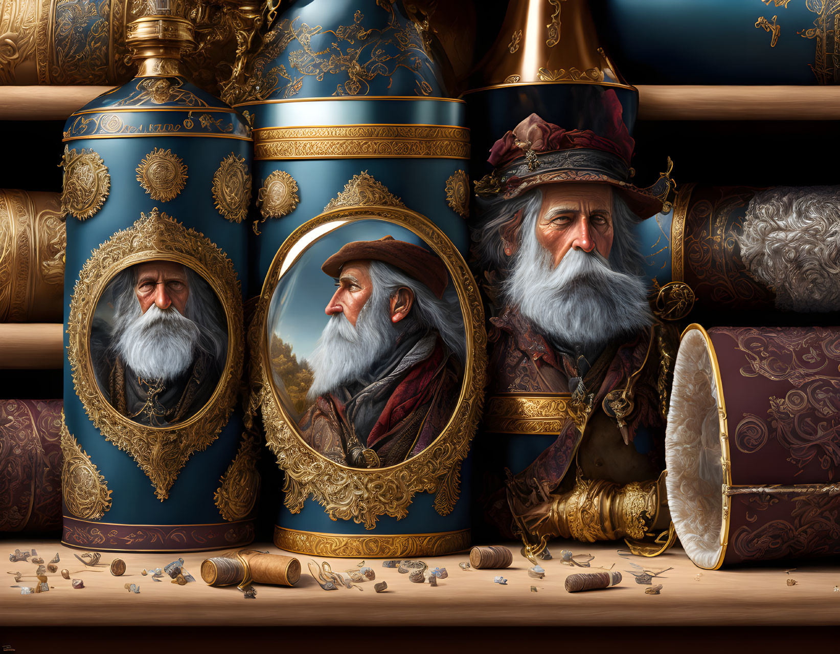 Detailed Still Life: Blue and Gold Vessels with Bearded Old Men Portraits, Wooden Text