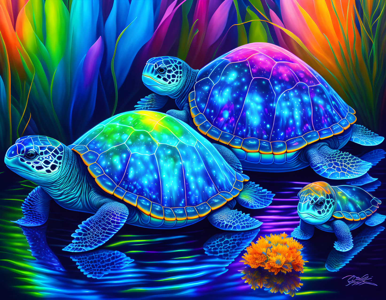 Colorful digital artwork: Three turtles with neon-lit, starry shells on abstract rainbow background