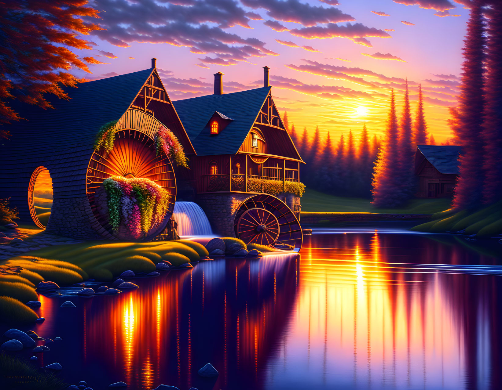 Scenic sunset view of a charming house by river with waterwheel
