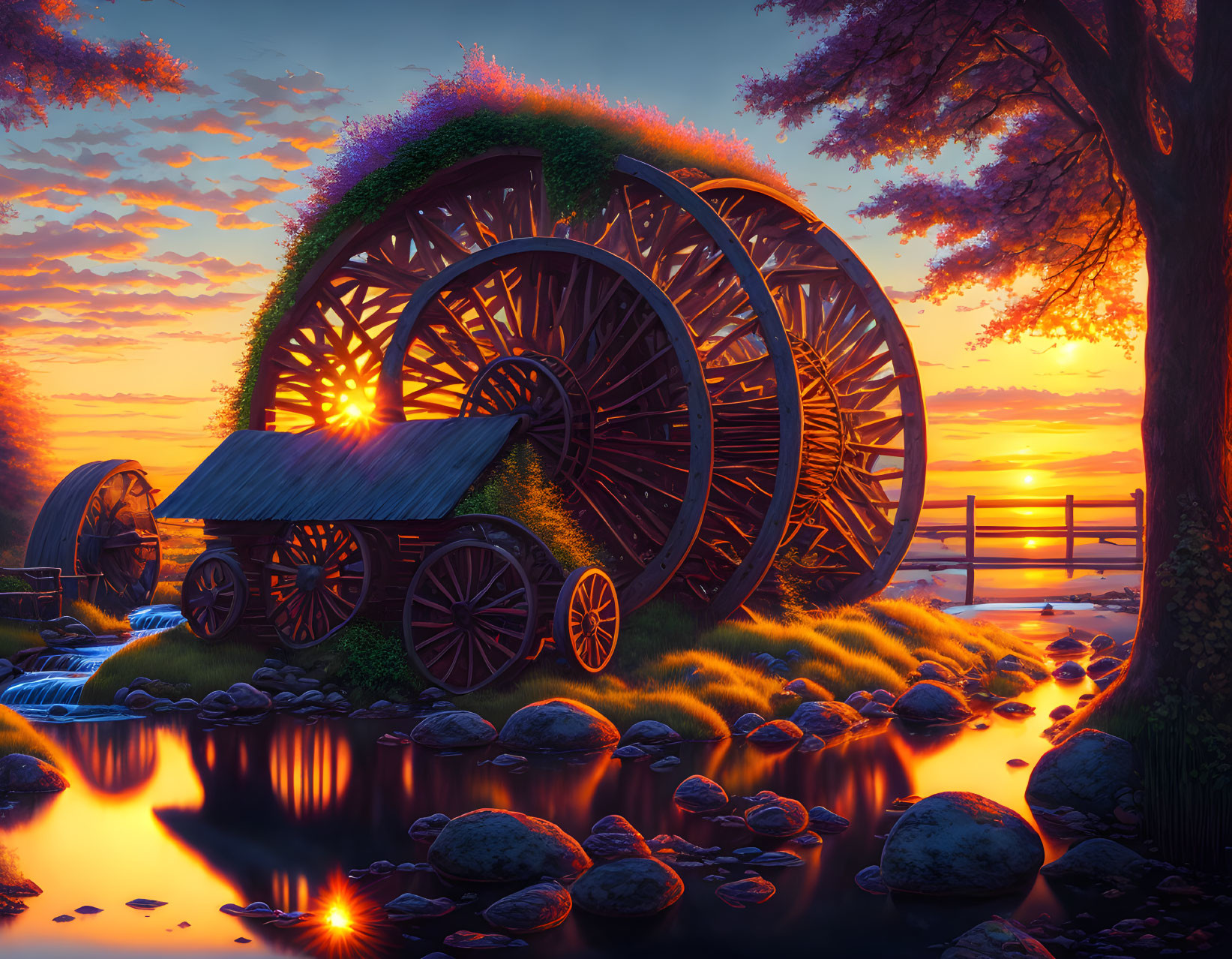 Tranquil Sunset Scene with Waterwheel by Stream