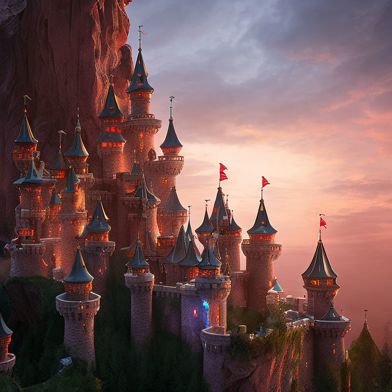 Majestic fairytale castle with spires and towers against dramatic sunset sky