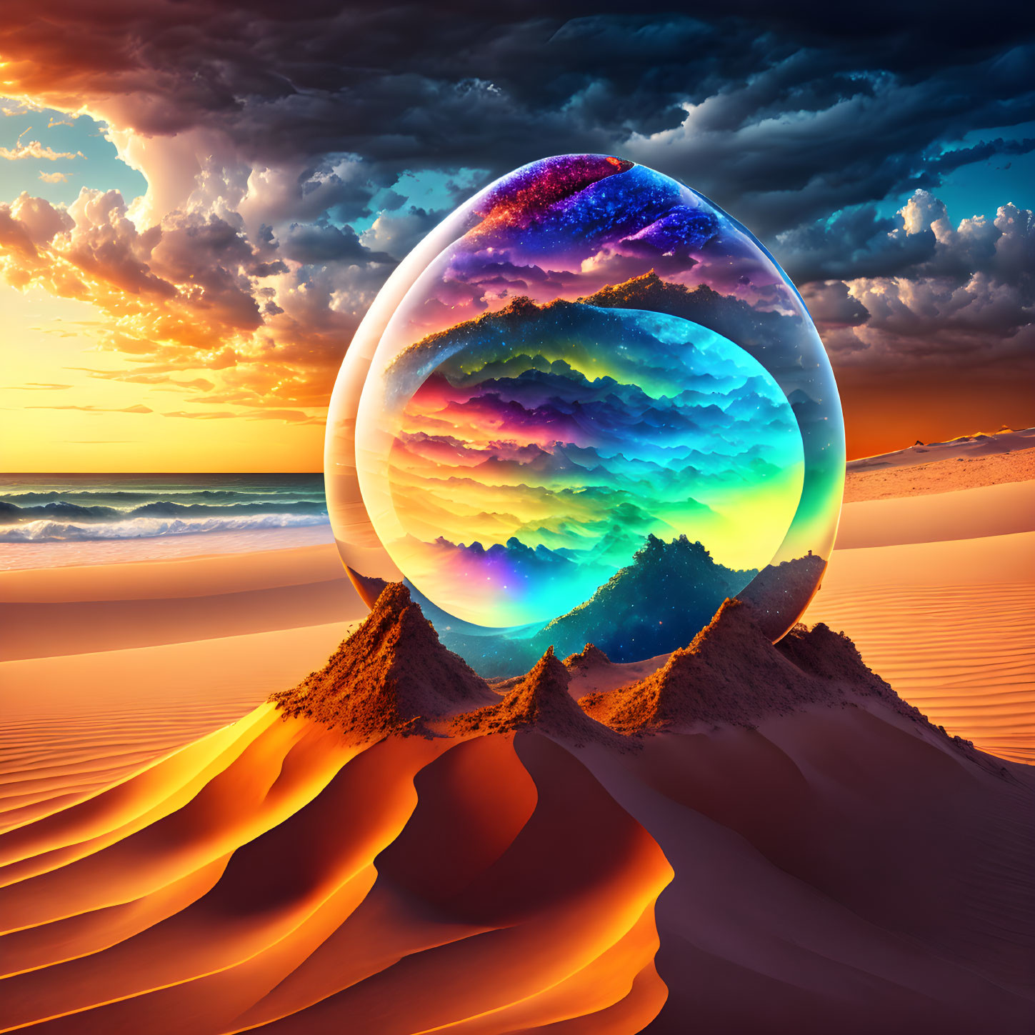 Colorful cosmic egg on desert dunes under sunset sky